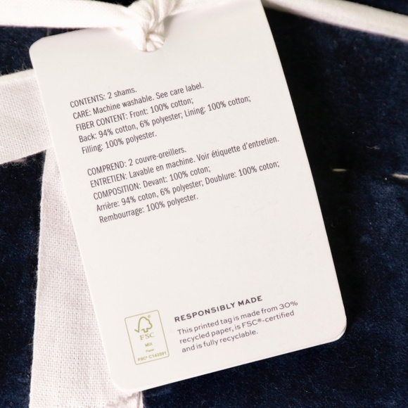 NWT Pottery Barn Handcrafted Velvet Box Stitch Shams - (2) Euro Navy Blue - Picture 3 of 4